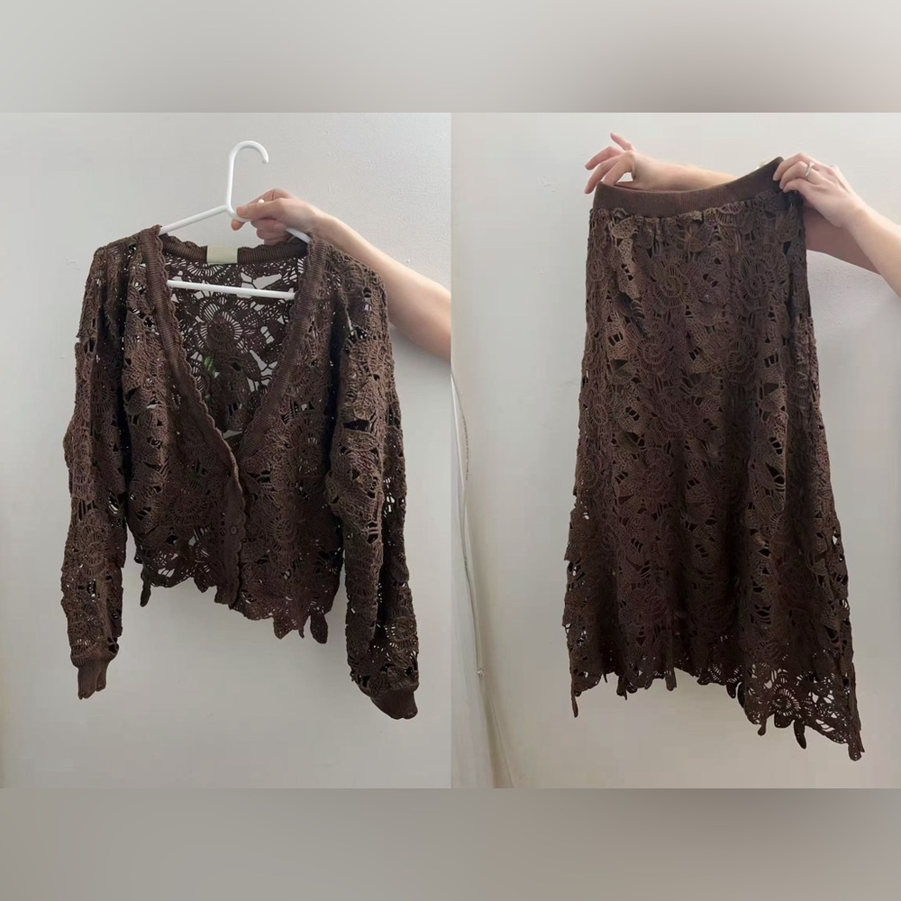 FARM Rio Chocolate Brown Long Sleeve Crochet Dress